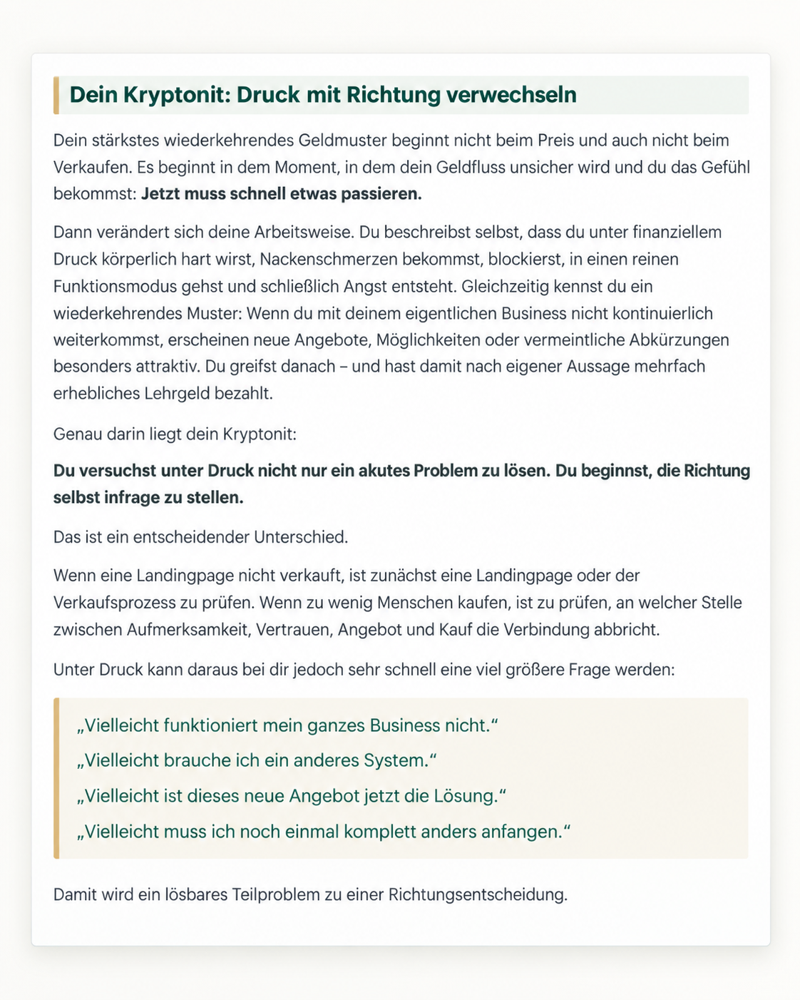 Auszug aus dem Money Code zum Abschnitt Kryptonit und persönlichen Geldmustern
