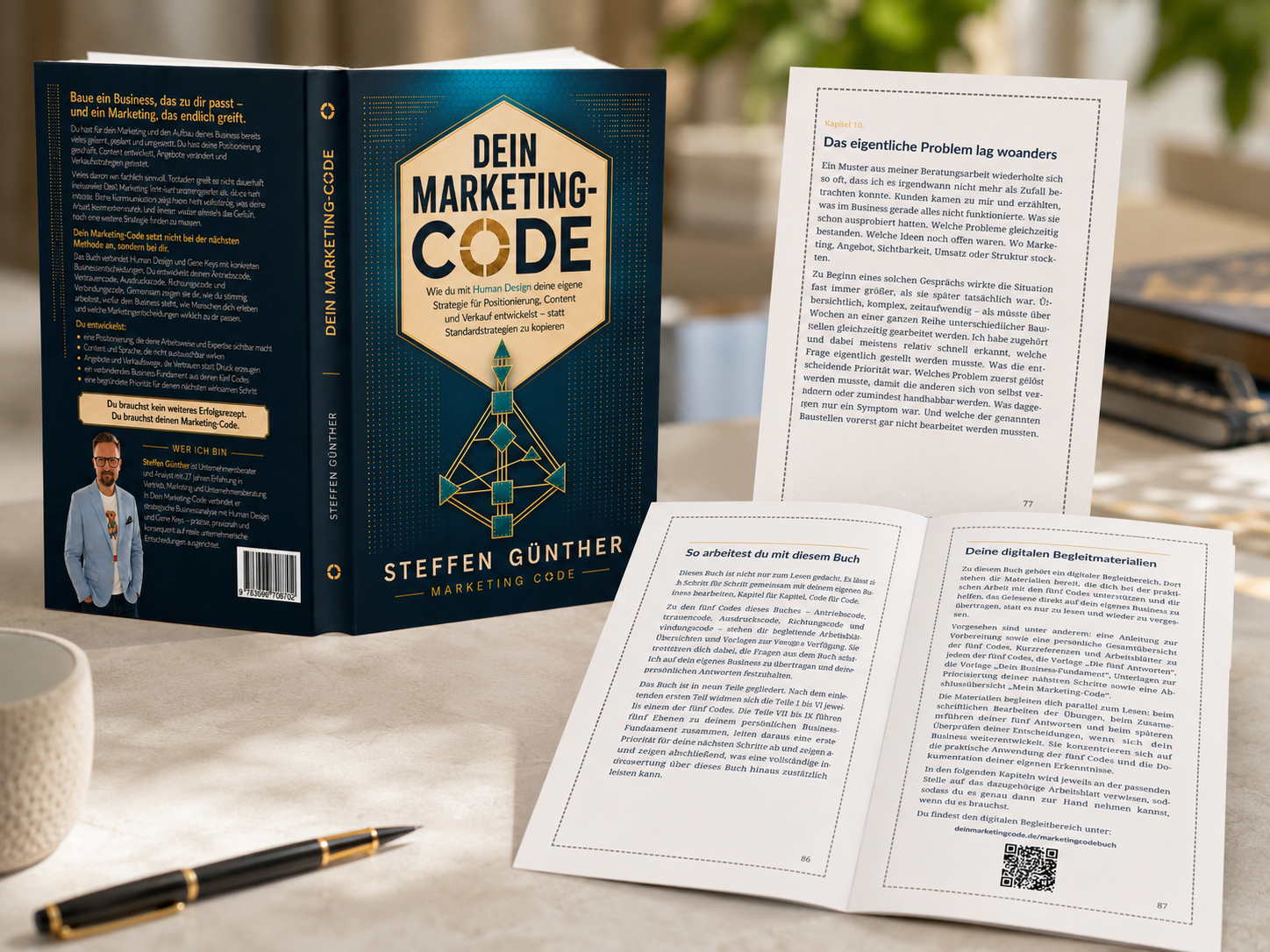 Dein Marketing-Code Buch, Layout-Ansicht mit digitalem Arbeitsbereich