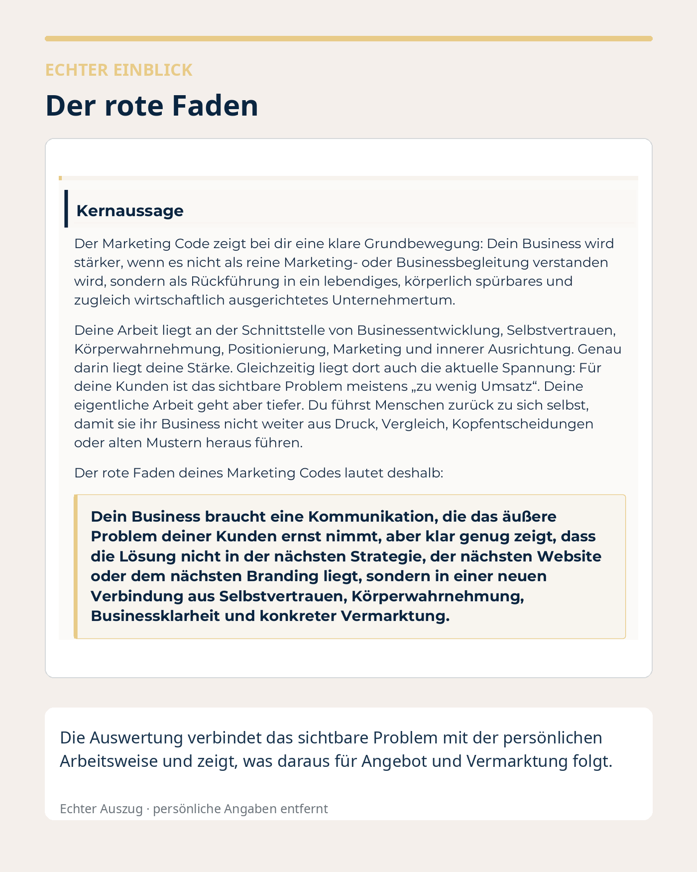 Anonymisierter Marketing-Code-Auszug: Der rote Faden verbindet Arbeitsweise, Angebot und Vermarktung zu einer klaren Business-Struktur.
