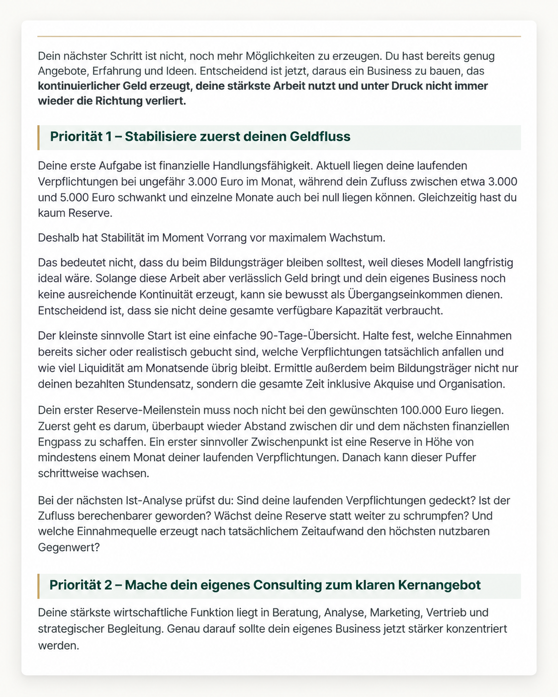 Auszug aus dem Money Code mit konkreten Prioritäten für Geldfluss und Businessstruktur